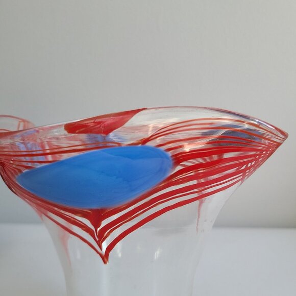 Artisan Hand-Blown Pulled Feather Red Blue Bud Vase Cotemporary Modern Signed - Picture 8 of 8